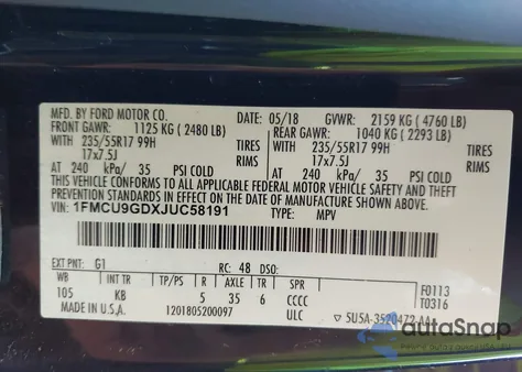 2018 Ford Escape Se z USA, uszkodzony, nr VIN 1FMCU9GDXJUC58191